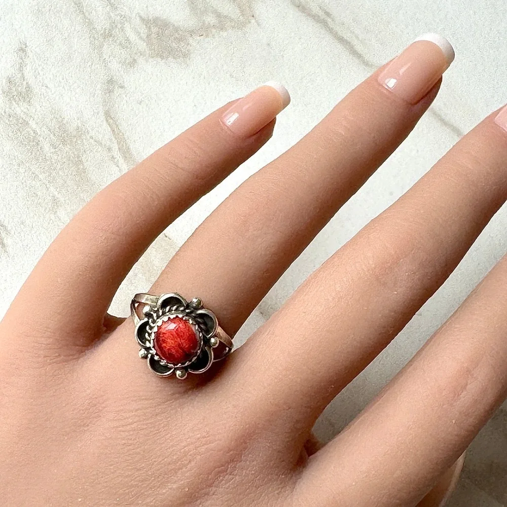 Navajo Flower Ring Red Spiny Oyster Sz 8 Sterling Silver Scalloped Native Amer‎